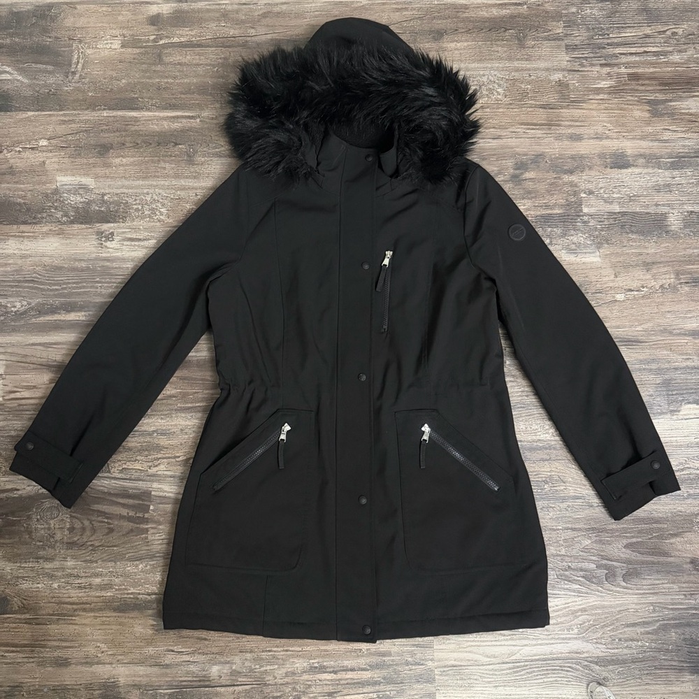 Calvin Klein Women’s Black Water Resistant Coat with Fur Hood Size L